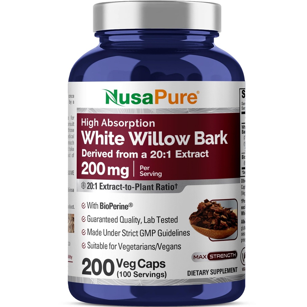 NusaPure White Willow Bark 20:1 Extract, 200 mg Equivalent aan 4000mg, 200 Veggie Capsules, Max Strength, (Non-GMO, Veganistisch)