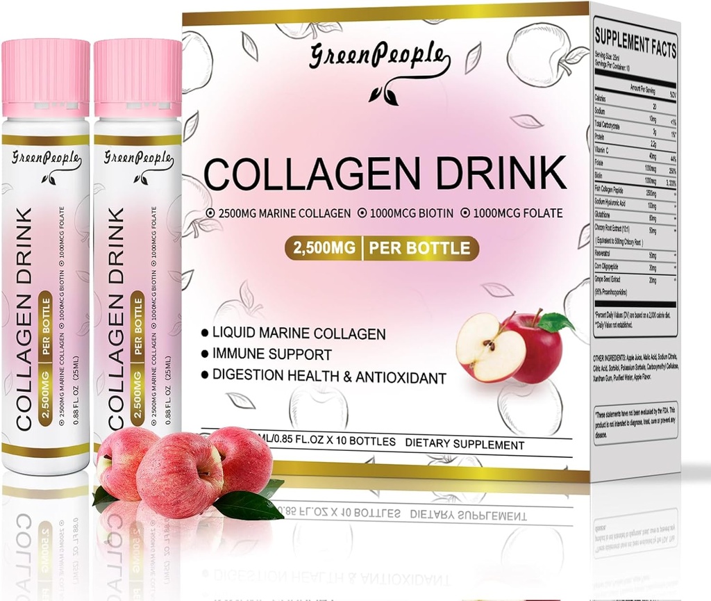 GREENPEOPLE Collagène liquide pour les femmes et les hommes, Peptides de collagène de poisson + acide hyaluronique + vitamine B et C, ongles de peau des cheveux Bones Support (0.85 fl oz, 10 bouteilles, pomme)