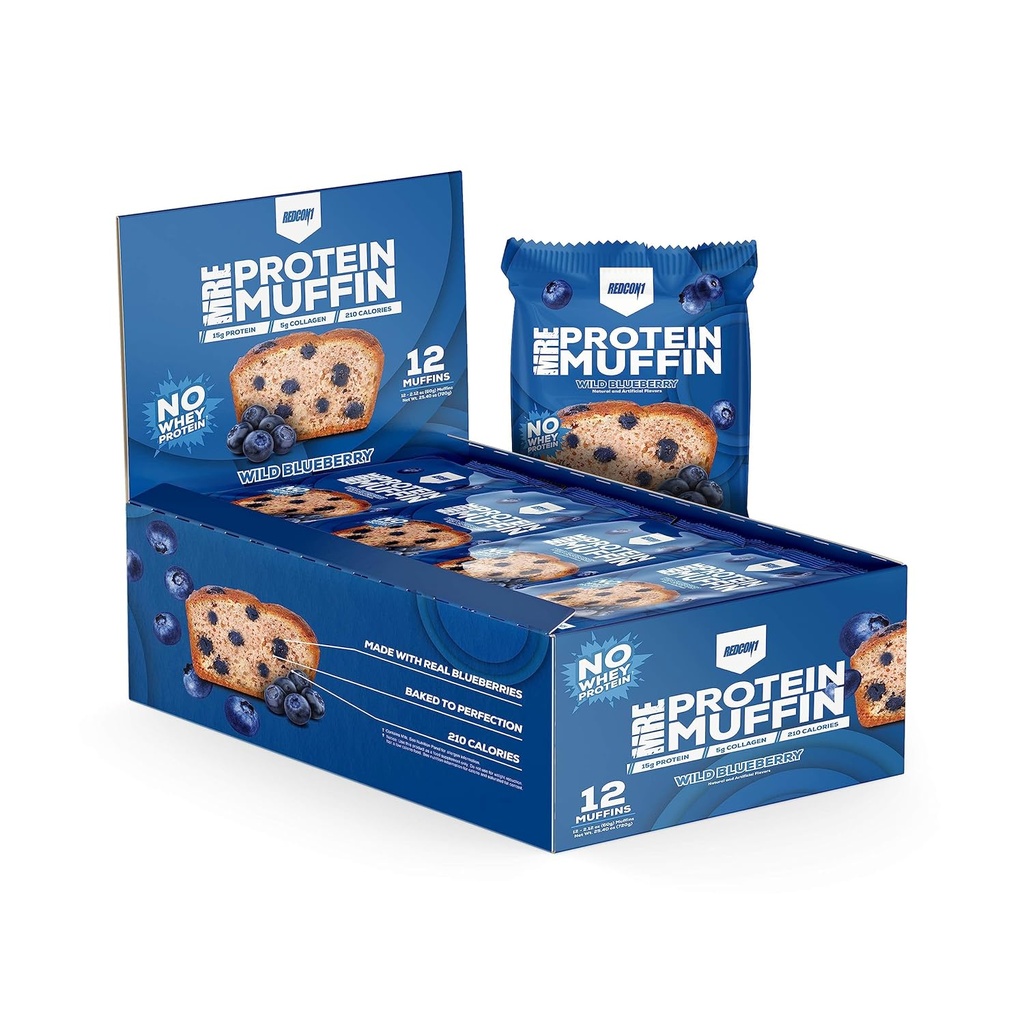 REDCON1 MRE Muffin - Whole Food 15g Proteïne Muffin - No Whey & Easy to Digest - Help Boost Energy & Fuel Muscles - Wild Blueberry Flavor Protein Snack (12 Muffins)