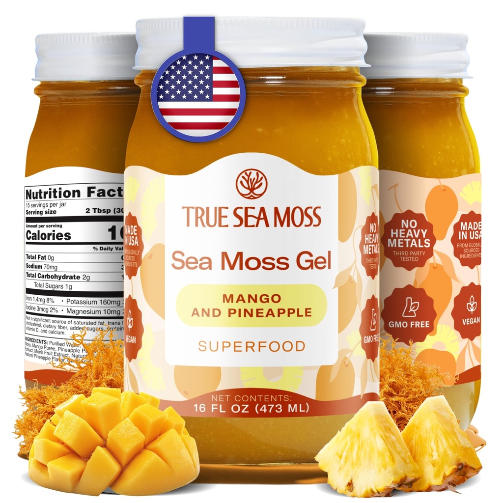 TrueSeaMoss Sea Moss Gel – Made in USA – Wildcrafted Seamoss, Fruits & Jarred Vegetables – Mango/Pineapple, Pack of 1 (Labels may Vary)