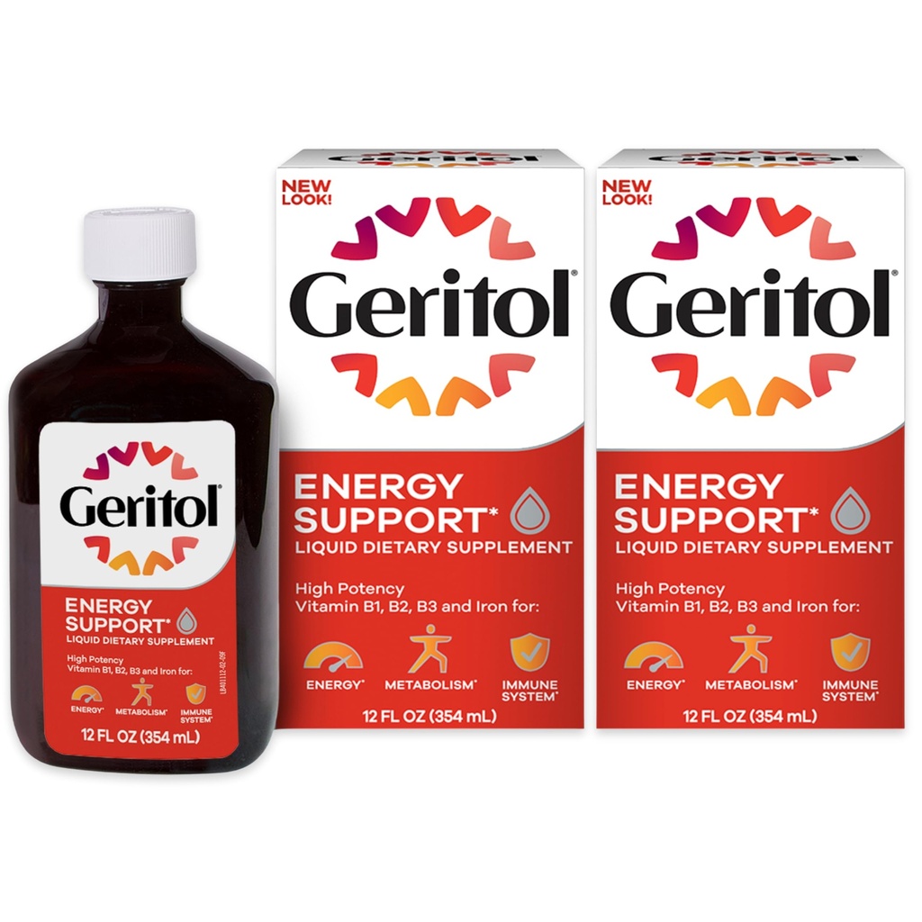 Geritol Liquid Vitamin and Iron Supplement, Energy Support, Bevat hoge potentie B-Vitamins en ijzer, Aangename Proeverij, Gemakkelijk te slikken, Geen kunstmatige zoetstoffen, Niet-GMO, 12 Oz, 2 Pack