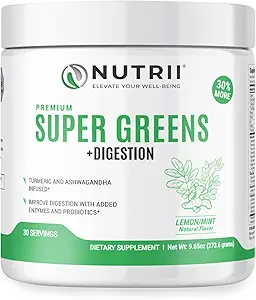 Organic Green Immunity Superfood Powder - Verzacht spijsvertering, verhoogt gezonde vitaliteit en energie. Fast Acting Formula met Probiotica, Enzymen, Kurkuma en Ashwagandha (30 Servings Lemon-Mint)