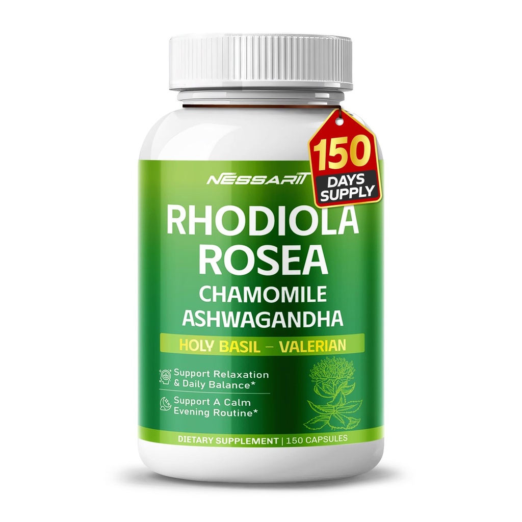 RHODIOLA ROSEA Supplement- 11-in-1 Natuurlijke Blend met kamille L-Theanine Ashwagandha Holy Basil Valeriaan Passiebloem - 150 Tel - Made & Tested in The USA