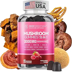 Mushroom Gummies for Adults 12-in-1, 3000mg Mushroom Supplement with Lion’s Mane, Reishi, Cordyceps, Mushroom Gummies for Focus and Energy - Mixed Berry Flavor, 60ct