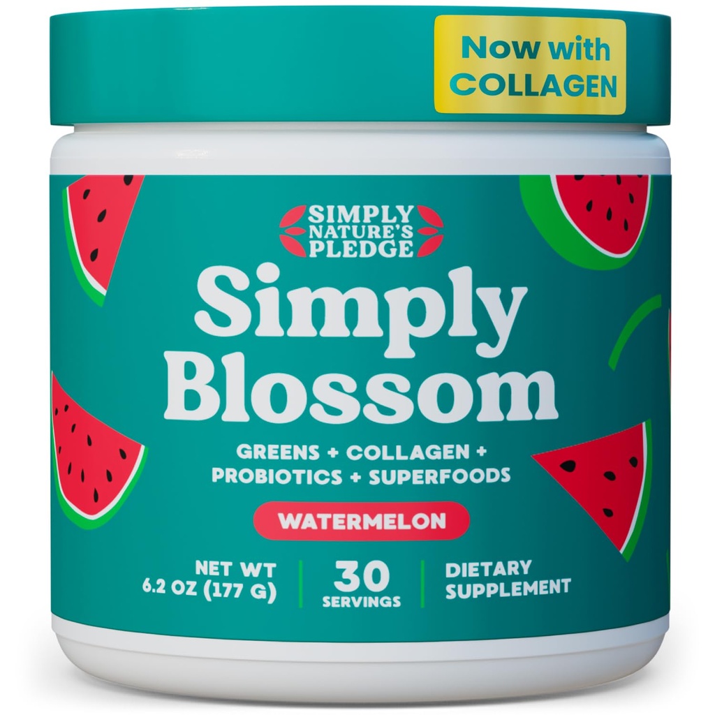 Gewoon Blossom Nutrition Daily Greens & Superfood Powder + Collageen + Probiotica voor vrouwen Digestieve Gezondheid & Bloating Relief. Help uw gezondheid Bloom - 30 dagen levering - Watermeloen