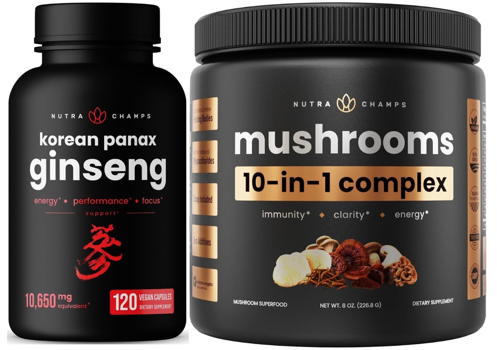 NutraChamps 10-in-1 Paddestoelen Poeder en Ginseng - Ultimate Energy, Stamina & Cognition Support Bundle.