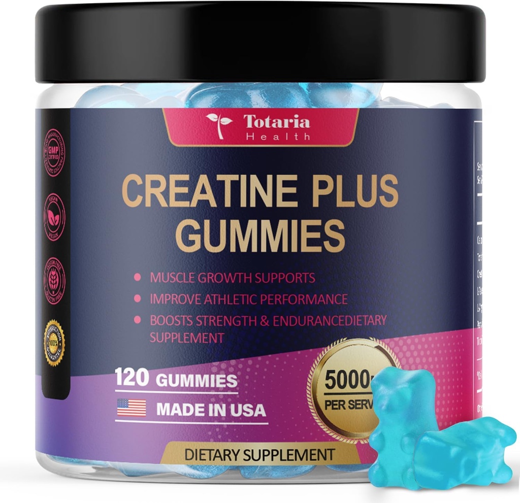 Totaria Creatine Monohydraat Gummy's voor mannen & vrouwen 5000mg Suikervrij Pre-Workout supplement Creatine voor spierkracht, spier Builder, energie Boost, Vegan, Blueberry Flavor, 120 Tellen