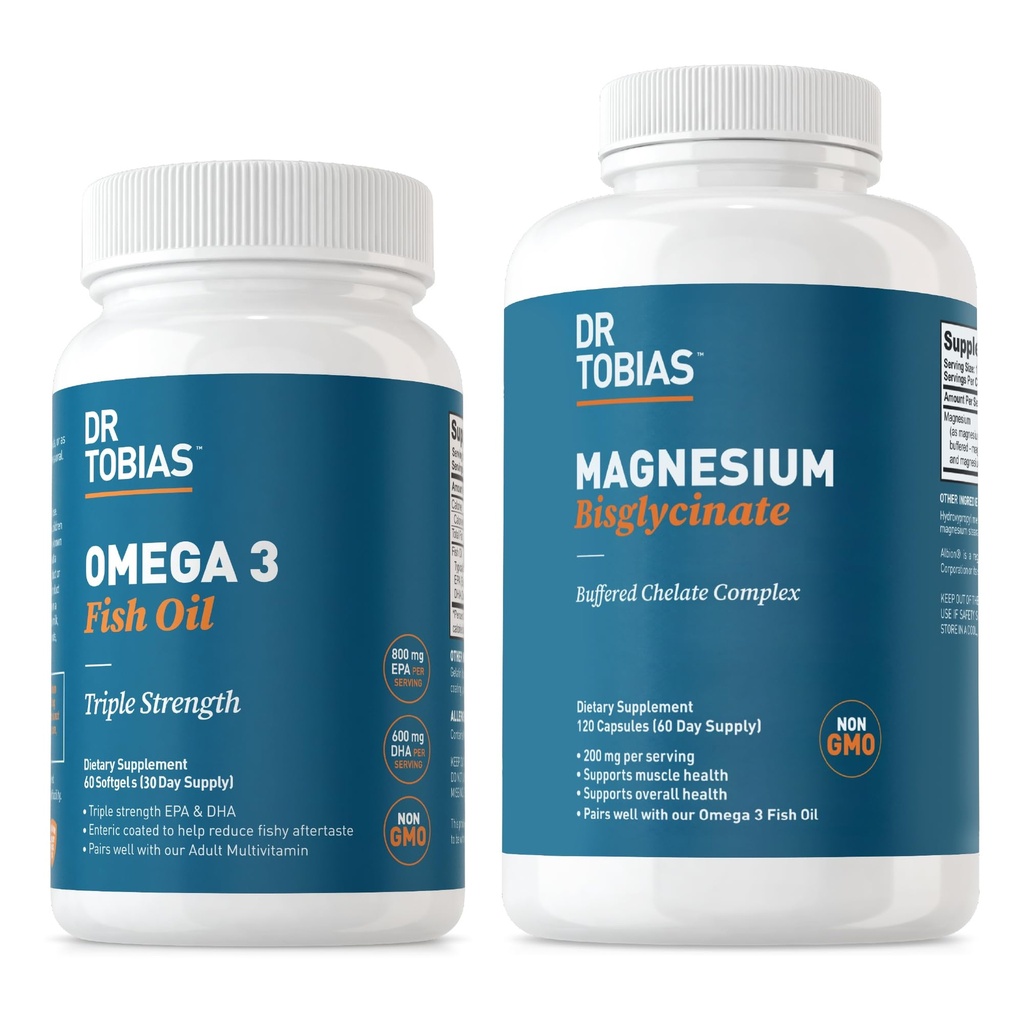 Dr. Tobias Omega 3 Visolie & Magnesium Bisglycinaat Supplementen, Hoge Absorptie, Ondersteunt Hart, Hersenen, Immune, Energie, Spier, Bot & Gezamenlijke Gezondheid, Niet-GMO