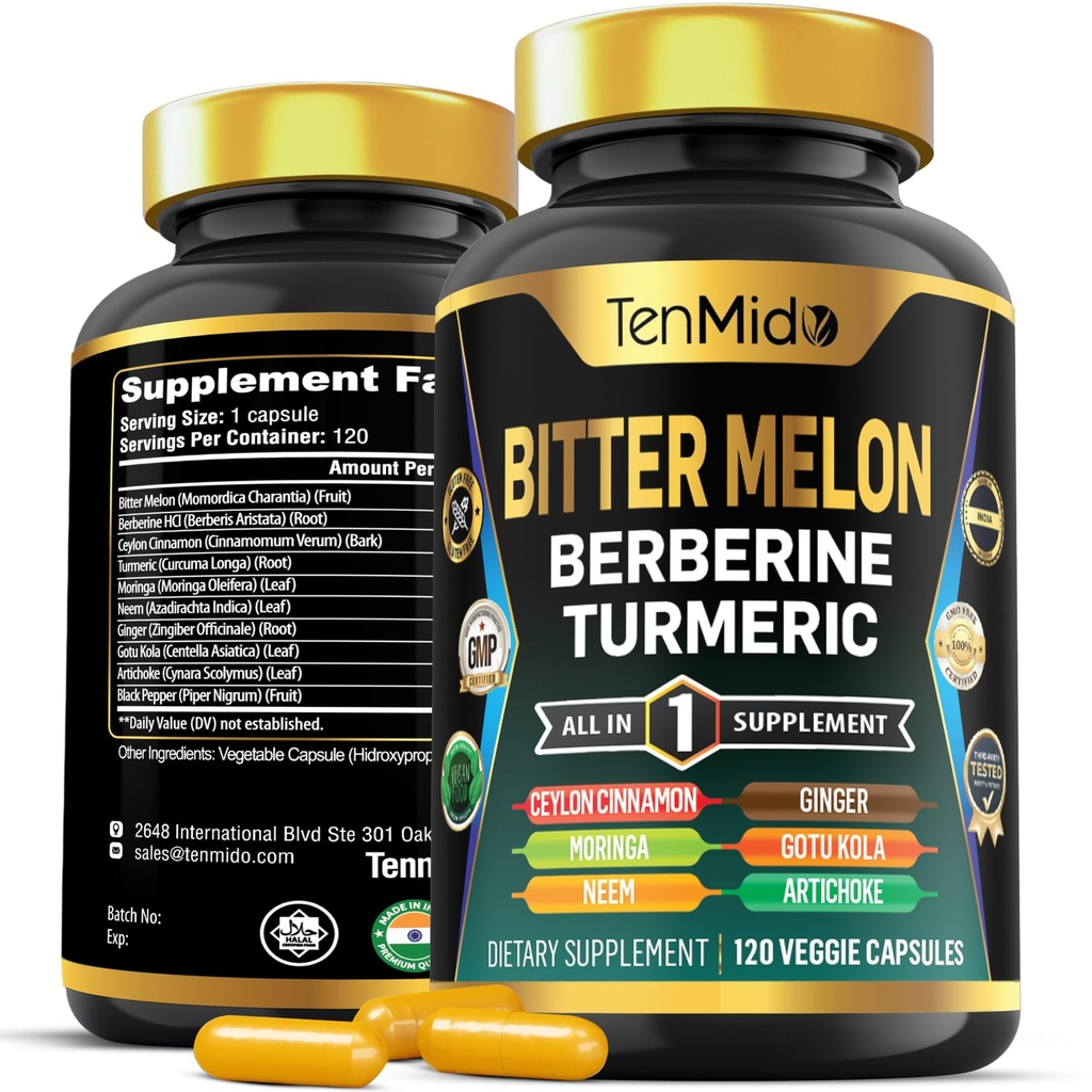 Bitter Melon Capsules - 10in1 Formula - Combineer met Berberine, Ceylon Cinnamon, Turmeric, Moringa, Neem, Ginger, Gotu Kola, Artichoke en Black Pepper - 120 Capsules gedurende 4 maanden Supply