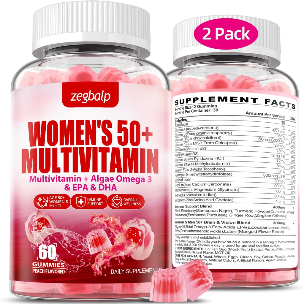 Sugar-Free Womens Multivitamine 50 Plus Gummies met Calcium, Magnesium, Zink, Vitamine A, C, D3, E, K2, B Complex, Folaat, Biotine - Multi Vitaminen & Mineraal voor de huid, Energie, Immuun Ondersteuning