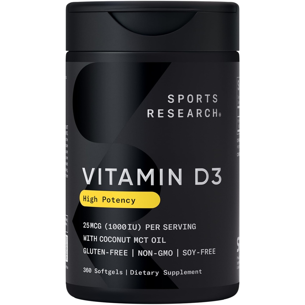 Recherche sportive Vitamine D3 1000iu (25mcg) Infusion avec de l'huile de coco ~ Immune & Bone Support ~ Non-OGM Vérifié, sans soja et sans gluten (360 mini softgels liquides)