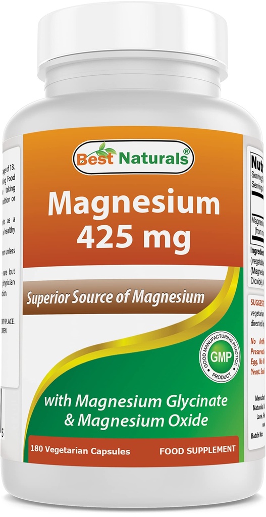 Best Naturals Magnesium 425 mg 180 Veggie Capsules - Hoge Absorptie Magnesium Glycinaat & Magnesiumoxide Gecheleerd, Non-GMO, Glutenvrije Spier Relax (180 Tel (Pack of 1))