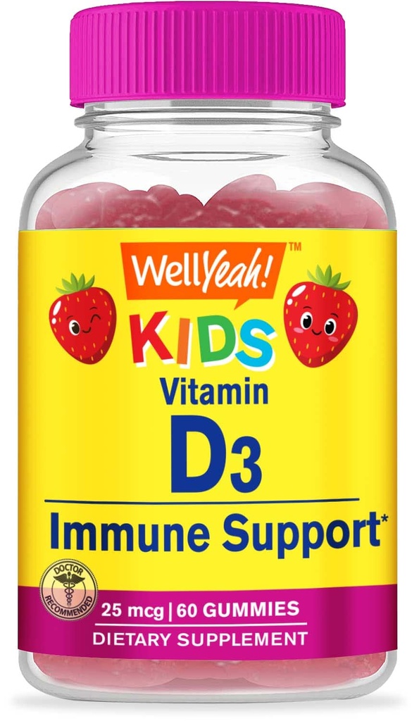 WellYeah Kids Vitamine D3 Gummies - 1000 IE (25 mcg)- Ondersteunt botsterkte en immuniteit - Non-GMO, Glutenvrij - Aardbei smaak - Voedingssupplement - 60 Serven
