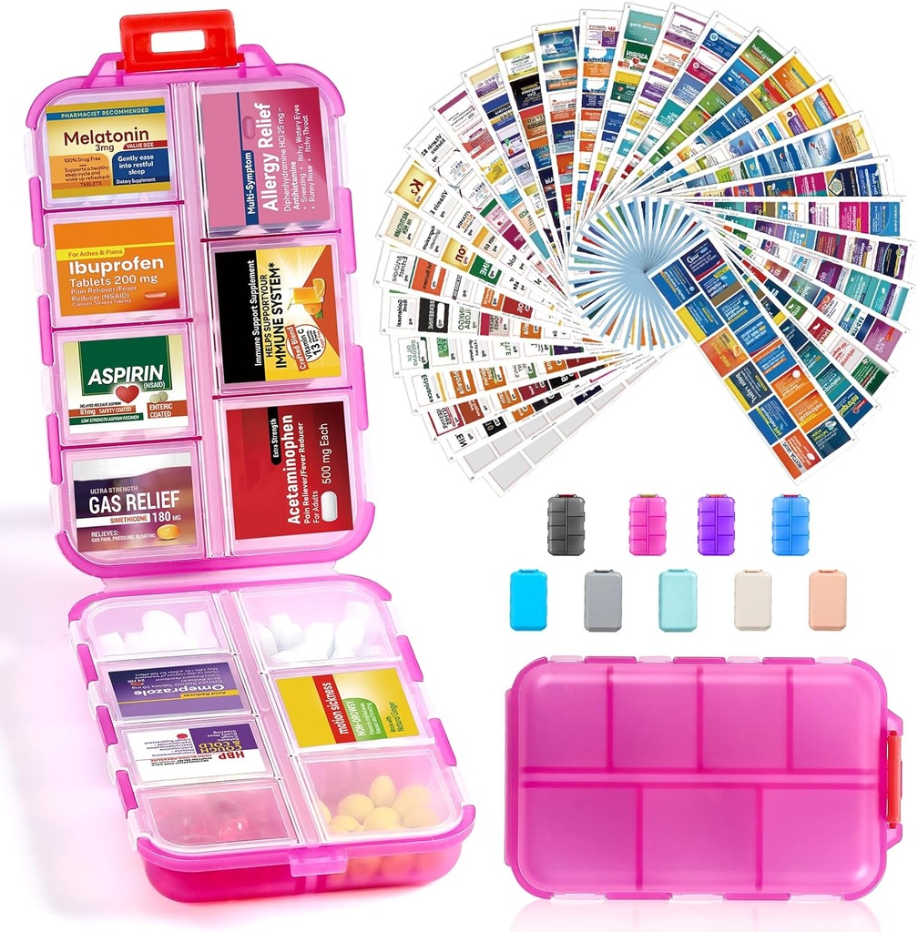 14 Grids Travel Pill Organizer Box met 415-Pcs Medicine Naam Labels - Pocket Daily Pharmacy Case Container Kit - Travel Medication Holder Dispenser voor Visolie Vitamine Supplement Opslag -Clear Pink