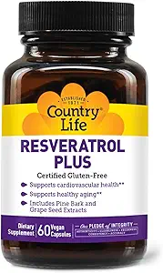 Country Life Resveratrol Plus 1000mg - Organic Antioxidant Supplement with Pine Bark & Grape Seed Extracts - Vegan, Glutenvrij, Non-GMO