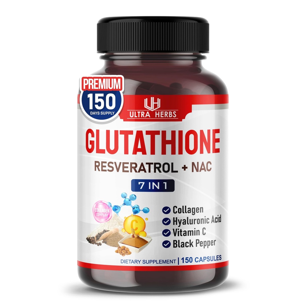 Glutathionsupplement Actief gereduceerde vorm, verrijkt met Resveratrol, NAC, Collageen, Hyaluronzuur, Vitamine C - Geavanceerde Antioxidant voor Immuniteit & Detox 150 Capsules