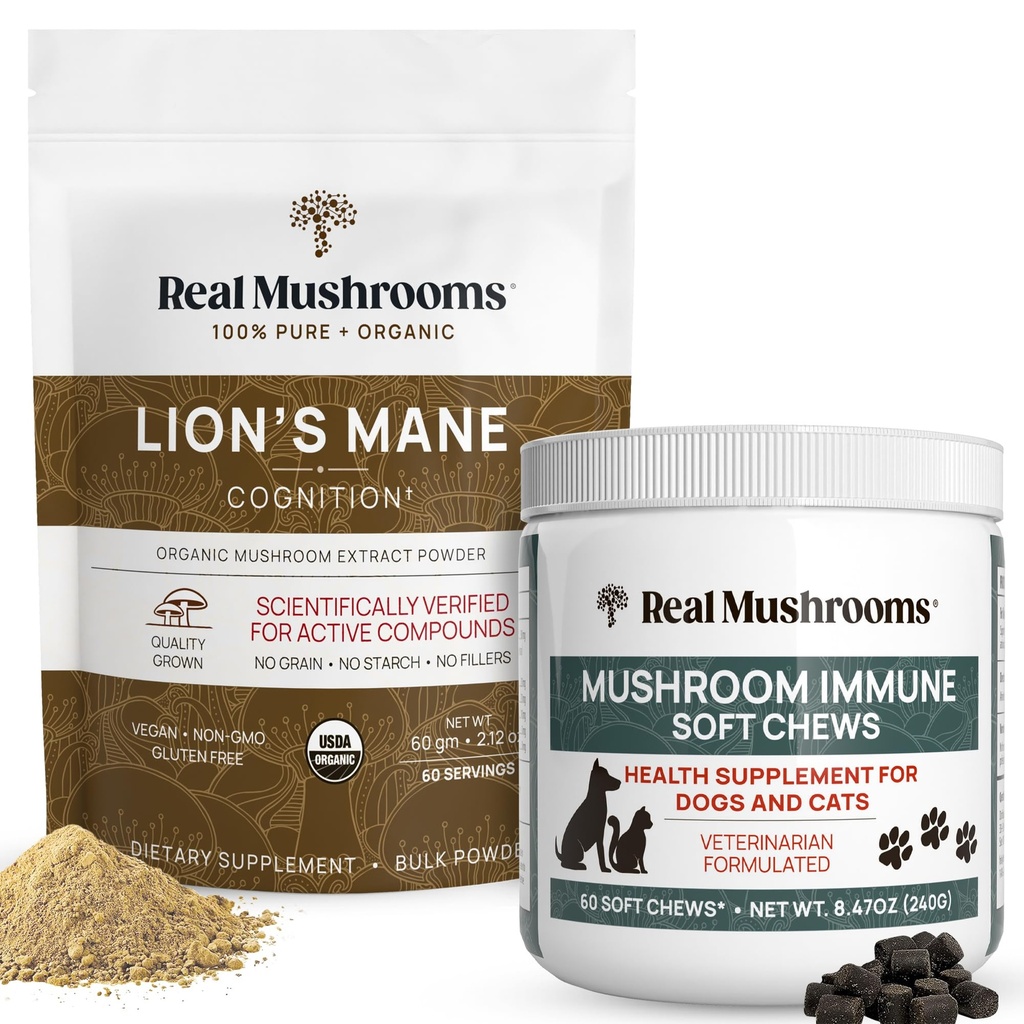 Echt Paddestoelen Leeuwen Mane Poeder voor Mensen (60g) & Paddestoelen Immuun Pet Kauwen (60ct) - Bundel voor Cognition & Immunity - Ashwagandha, Astragalus & More - Veganistisch, niet-GMO, Glutenvrij, Grainvrij