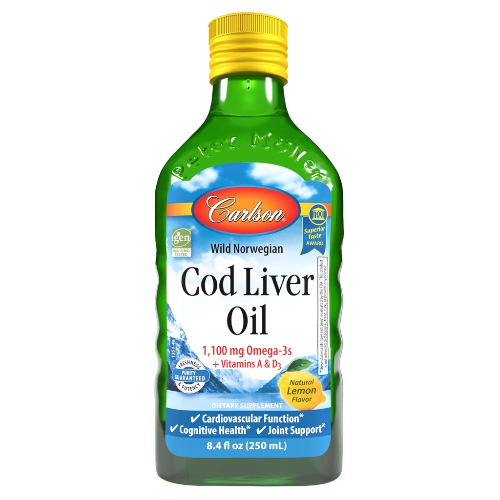 Carlson - Cod Liver Oil, 1100 mg Omega-3s, Liquid Fish Oil Supplement, Wild-Caught Norwegian Arctic, Sustainablely Sourced Nordic Liquid, Lemon, 250 ml