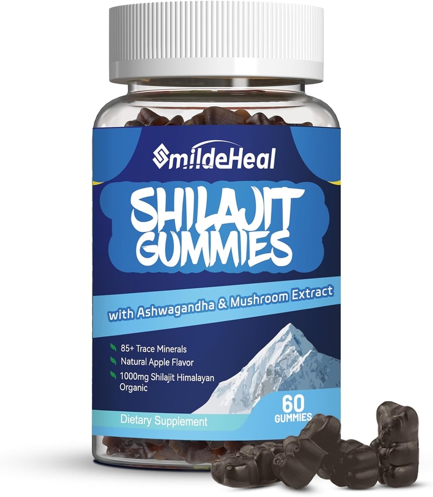 Shilajit Gummies 1000 MG, Organic Shilajit Supplement, 85+ Trace Minerals, met Ashwagandha, Mushroom - Energy, Brain, Immunity Support, for Men & Women - 60 Count