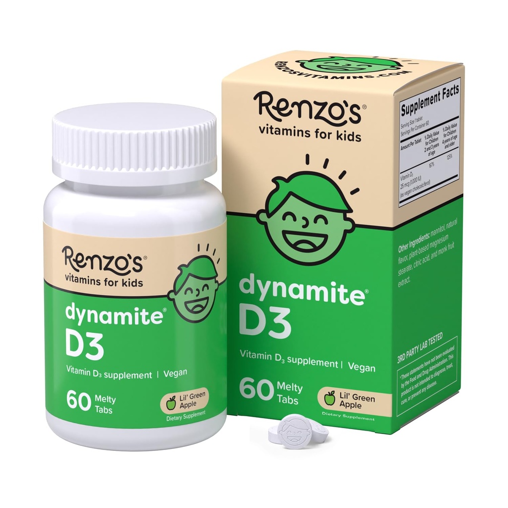 Renzo's Dynamite Vitamine D3, Oplossende kinderen Vitamine D3, 60 Suikervrije Melty Tabs, Lil