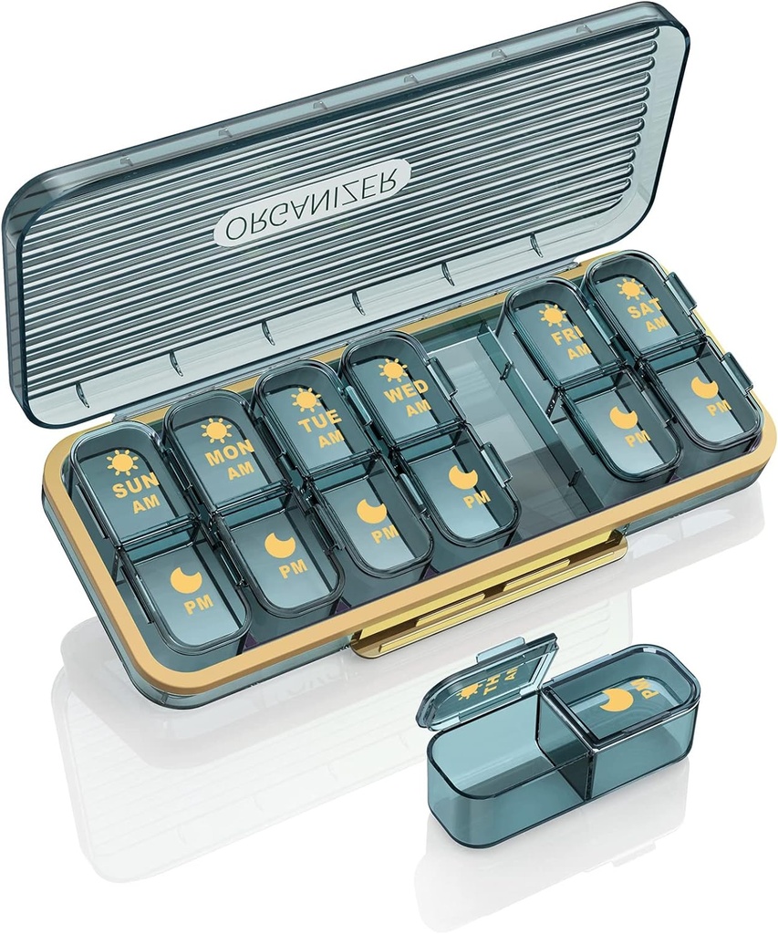 Am Pm Pill Organizer, Weekly Pill Box 2 fois par jour - Acedada 7 jours Pill Organizer avec 7 contenants séparés, Portable Daily Medicine Dispenser Case pour la vitamine, huiles de poisson, suppléments, bleu élégant