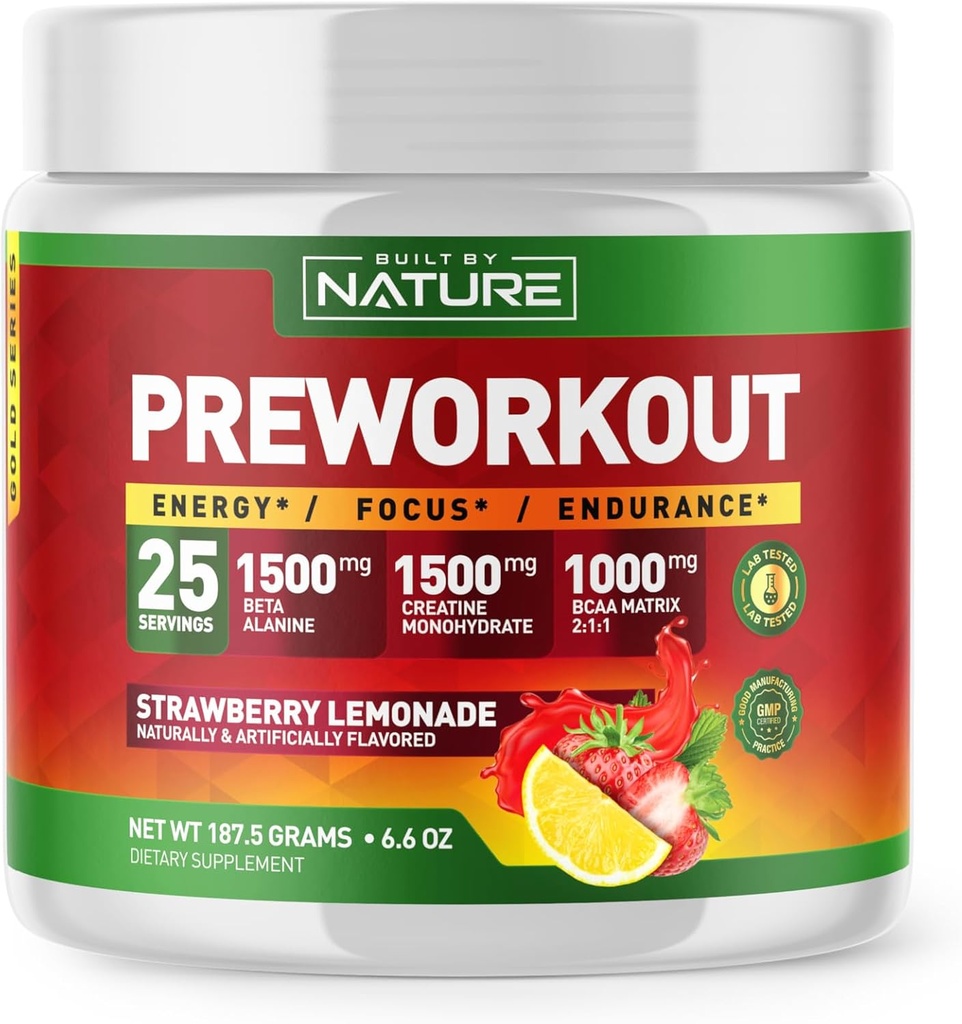 Gebouwd door Nature Pre Workout Powder met Beta Alanine, Creatine Monohydraat, BCAA, L Citrulline, L Arginine en Cafeïne - Aardbei Lemonade Flavor - 25 Servers
