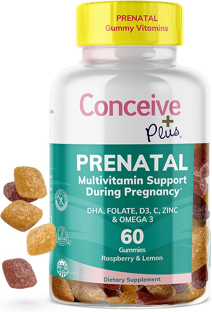 CONCEIVE PLUS Prenatale Gummies - DHA, Foliumzuur, Vitamine D3, C, Zink, en Omega 3, Natuurlijke Citroen + Raspberry Flavor, 60 Tel, 30 Dag levering
