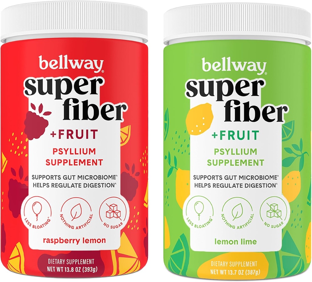Bellway Super Fiber Powder + Fruit, Suikervrij Biologische Psyllium Husk Powder Fiber Supplement voor Regularity, Bloating Relief & Gut Health, Non-GMO, Plant-Based, Raspberry Lemon & Lemon Lime