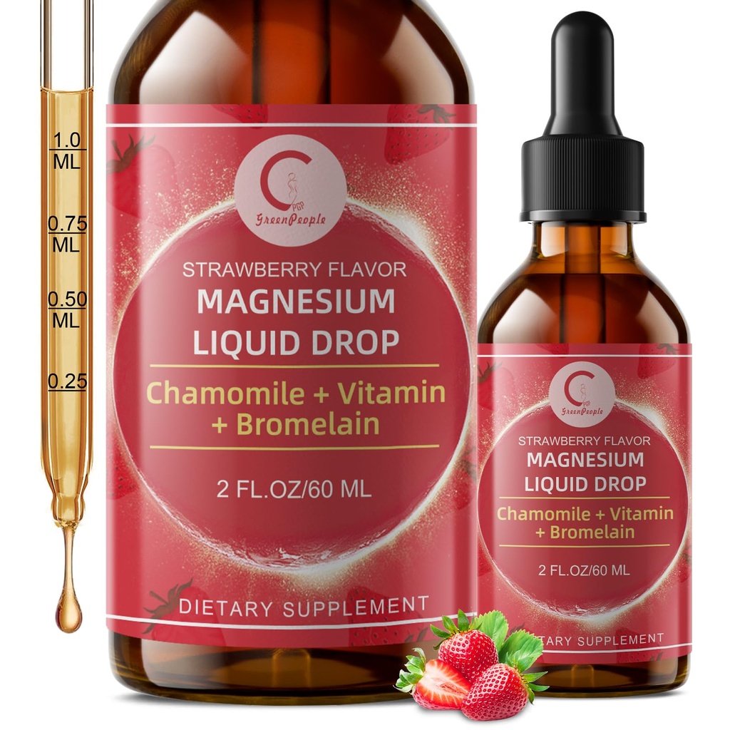 Triple Magnesium Complex Liquid Drops - Magnesium Glycinate Liquid Drops, Taurate & Citrate met L-theanine, Vitamine B6 voor Slaap, Spier, Immune Health, Vegan, Non-GMO, Aardbei Flavor, 2 Fl OZ