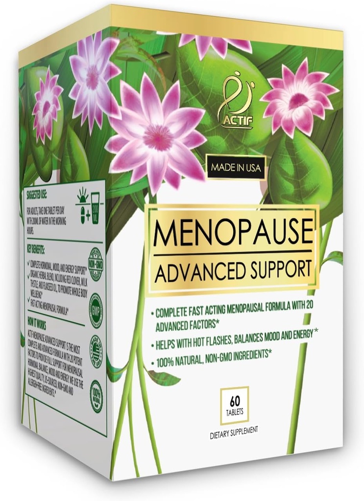 Actif Ménopause Support avancé avec 20+ Vitamines organiques et herbes - Soulage les éclairs chauds, Sueurs de nuit - Non OGM, Agissant rapidement, Fabriqué aux États-Unis, 60 Compte