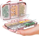 Travel Pill Organizer - Moisture Proof Portable Vitamin Holder met 7 Compartments, Compact Supplement Case for Purse Essential Medicine Kit foto Reizen Pocket Pharmacy met labels, Roze