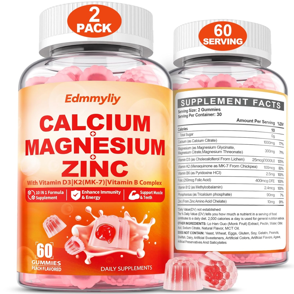 Supplément de zinc de magnésium de calcium Gommies avec complexe de vitamine D3 K2 & B pour les femmes Hommes 1000mg Citrate de calcium avec Gommies de magnésium pour os, Muscles & Immune Support, sans sucre, végétalien