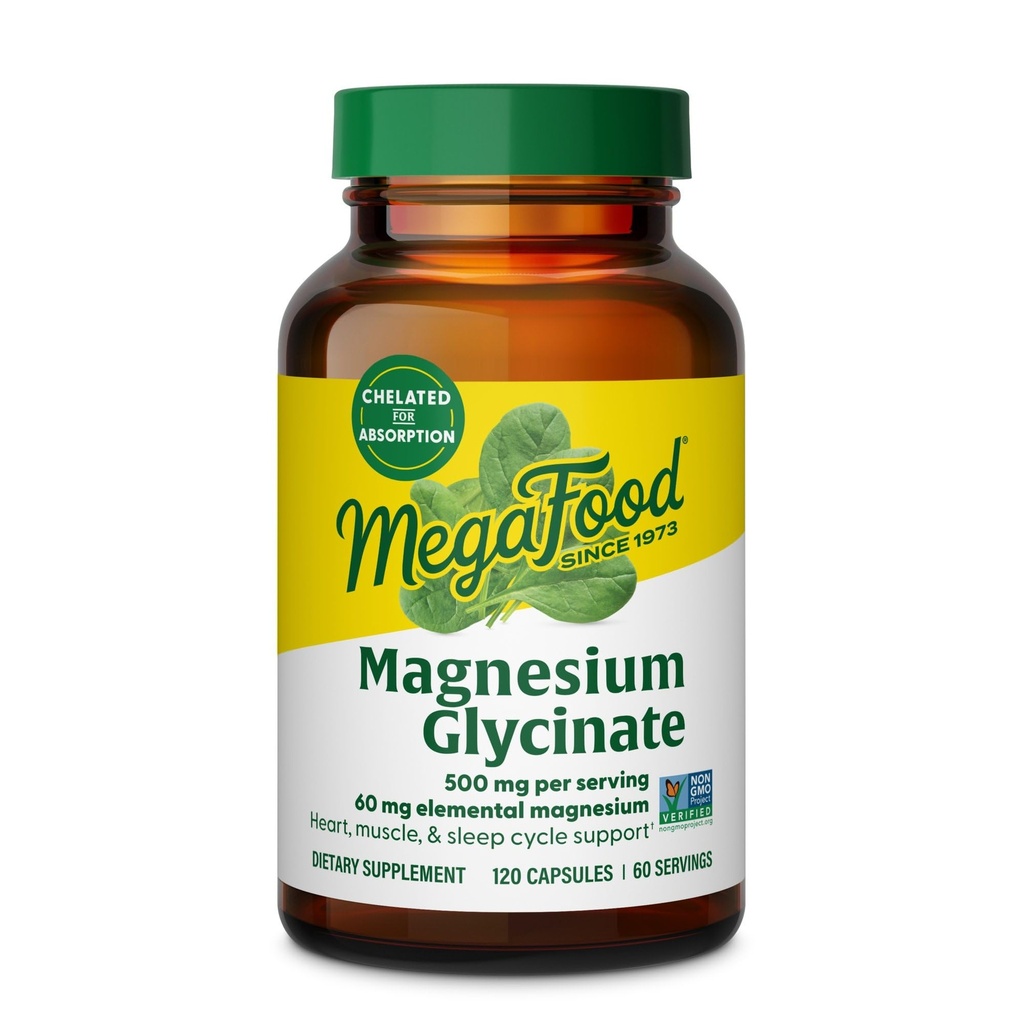 MegaFood Magnesium Glycinate 500mg - chelated Magnesium Supplement - 60mg elementair magnesium - zacht op de maag - ondersteunt normale slaapcyclus en gezonde stress respons - 120 capsules 60 porties