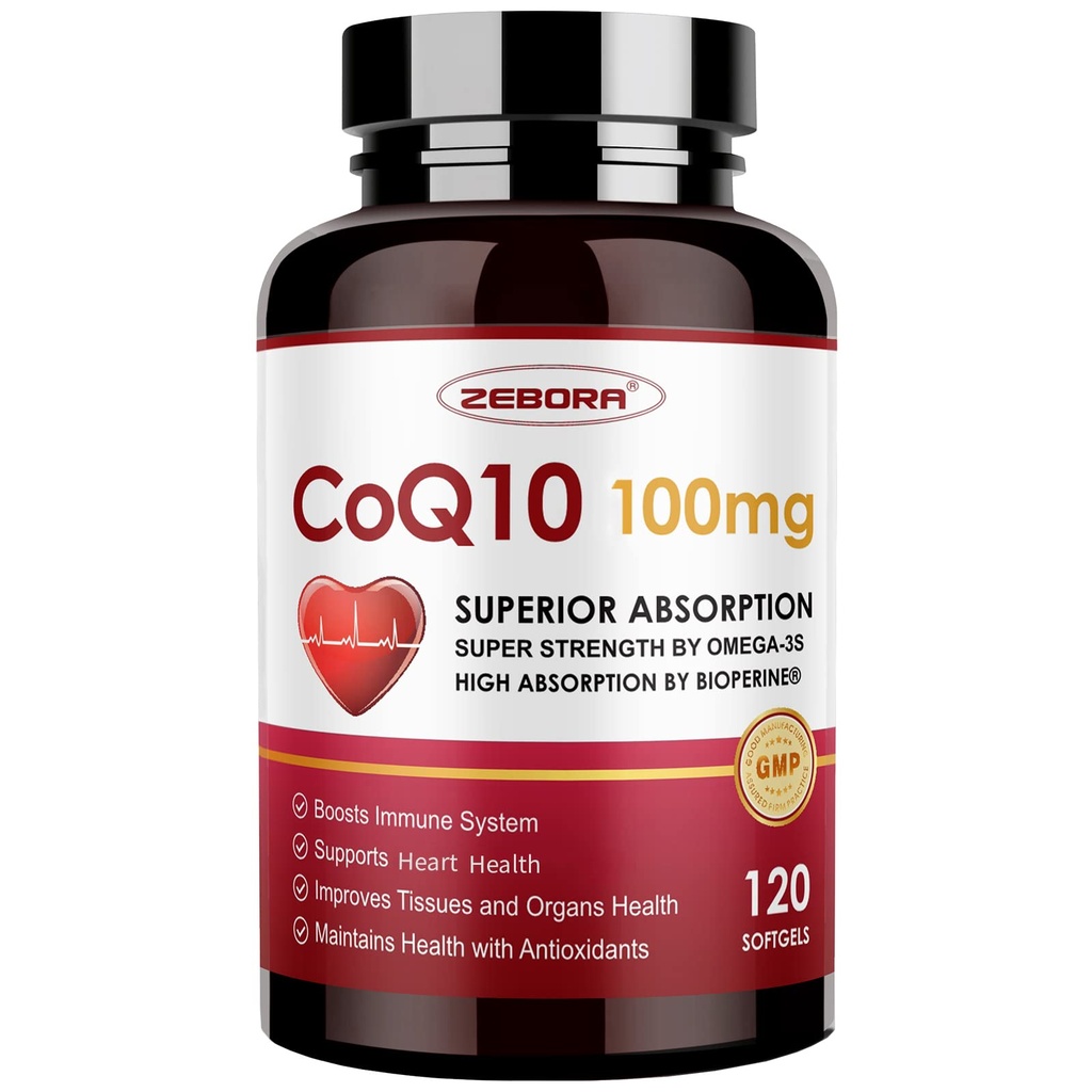 ZEBORA CoQ10-100mg-Softgels met PQQ, BioPerine & Omega-3, Hoge Absorptie Co-enzym Q10-supplement, Krachtig-Antioxidant, Ondersteuning Hart- en Energieproductie 120 porties, Non-GMO