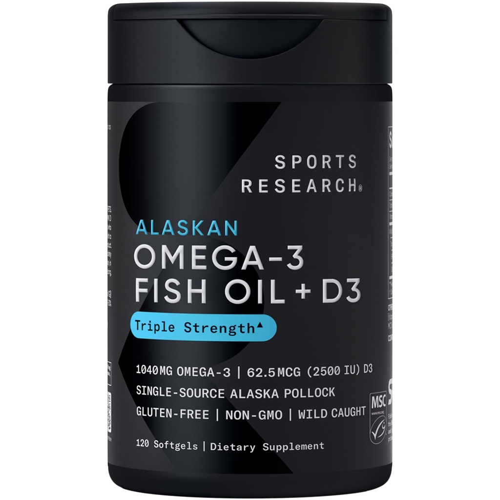 Sports Research® Oil Omega-3 de l'Alaska 1040mg + Vitamine D3 2500iu - Soutienne la santé du cerveau et du coeur - Certifié par le SMC Durable · Sauvage · Non-OGM · Triglycéride Forme - 120 Count Softgels