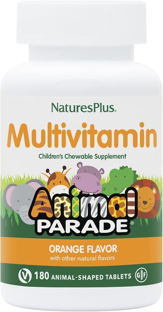 Natures Plus Dierenparade Kinderen Kauwbare Multivitamine - Oranje smaak - 180 Animal-Shaped Tablets - Bevordert gezondheid en welzijn - Vegetarisch, Glutenvrij - 90 Serven