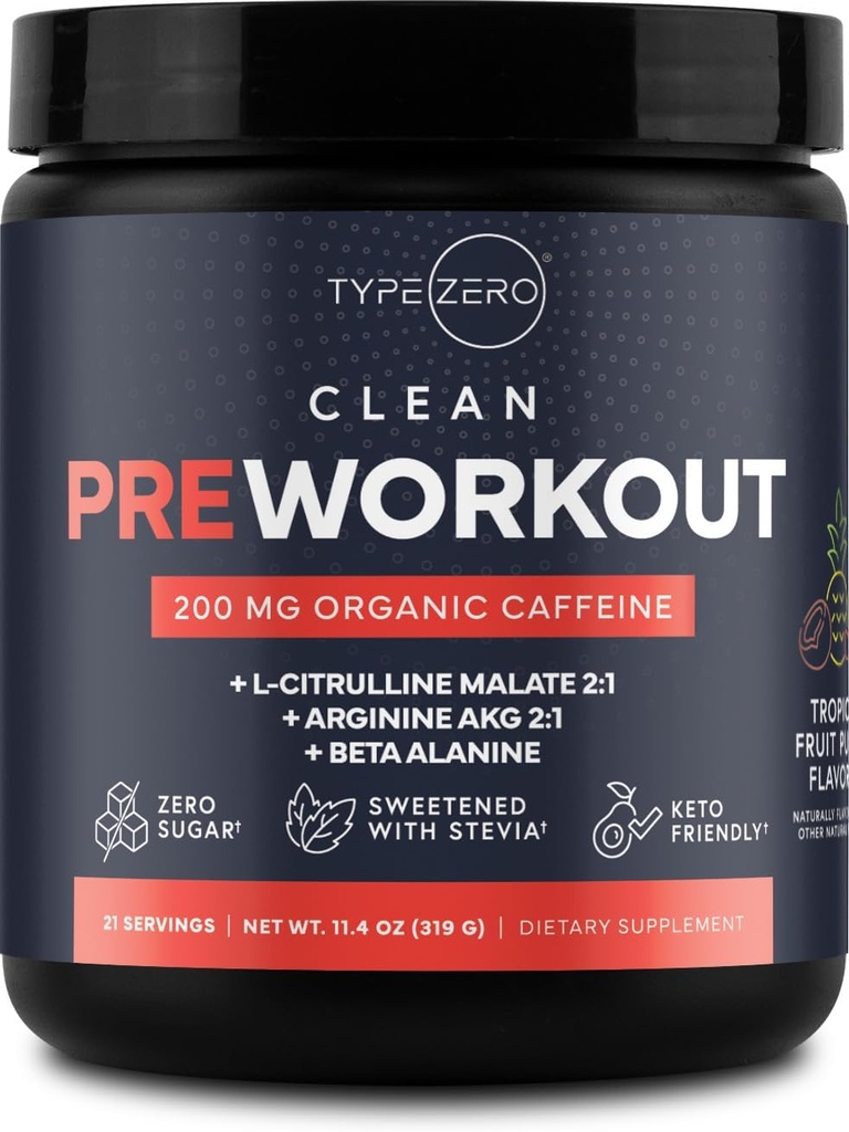 Type Zero Clean Pre Workout (11.3 oz, Fruit Punch) + Beetwortel + L-Arginine + L-Citrulline, 2G Arginine, L-Citrulline Malate, Beta A, Suikervrij, Biologische Cafeïne Voorbewerking voor mannen en vrouwen