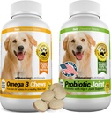 Verbazingwekkende Combo Omega-3 Visolie en Probiotica voor honden - Pure natuurlijke huisdier Antioxidant - Promoot glanzende jas, hersenen gezondheid, Elimineert diarree Gas en gewrichtspijn, 120 smakelijke kauwgom x 2