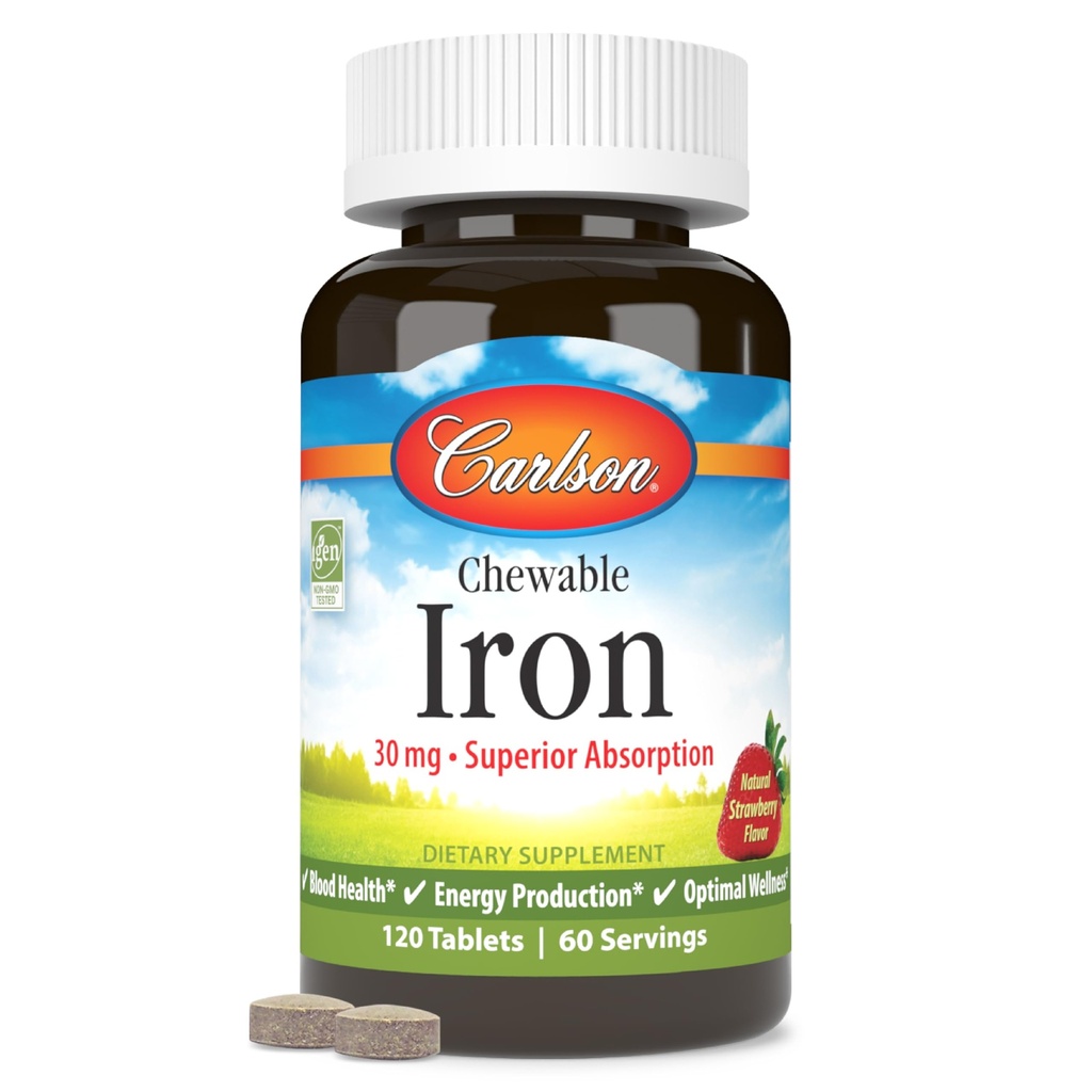 Carlson - Kauwbaar ijzer, 30 mg, Superior Absorptie, Bloed Gezondheid, Energie Productie & Optimale Wellness, Kauwbaar IJzer Supplement voor vrouwen & mannen, Natuurlijke aardbeien smaak, 120 tabletten