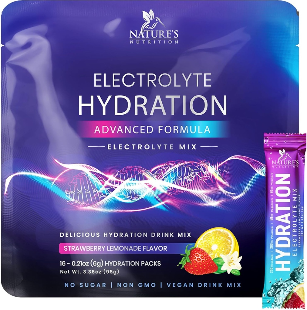 Elektrolyten Hydration Packets - Keto Recovery Powder with Kalium, Magnesium, Natrium, Zink & Vitamine C, Suikervrij, Hydration Electrolyte Liquid Drink Mixes, Vegan, Aardbei Citroen (16 Pack)