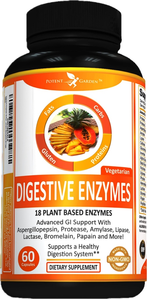 Potent Garden Dispensive Enzymes -18 Plant Based Enzymes with amylase lipase bromelain Protease lactase & Other Enzymes - One Pre Meal Pill ondersteunt gezonde spijsvertering & Nutrient Absorptie 60 Caps