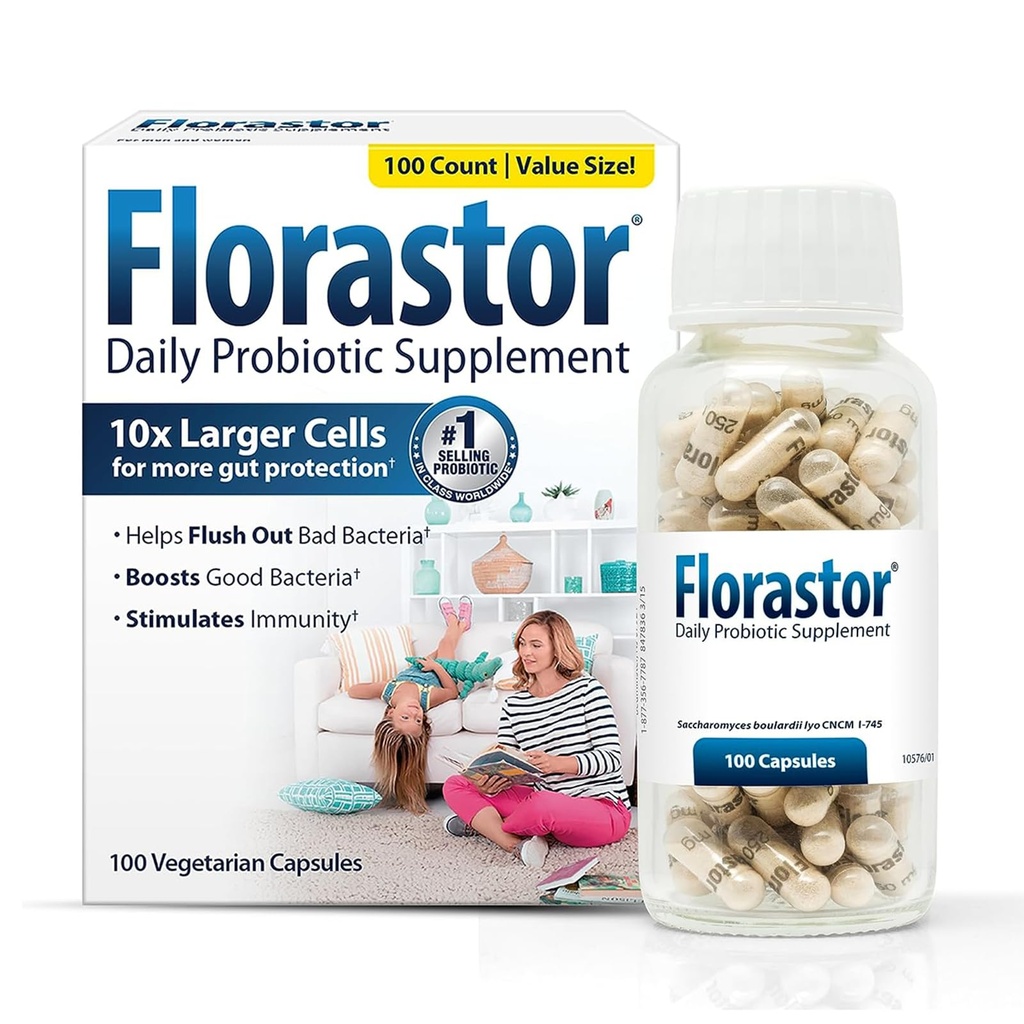 Supplément probiotique quotidien Florastor pour les femmes et les hommes, prouvé pour soutenir la santé digestive, Saccharomyces Boulardii CNCM I-745 (100 capsules)