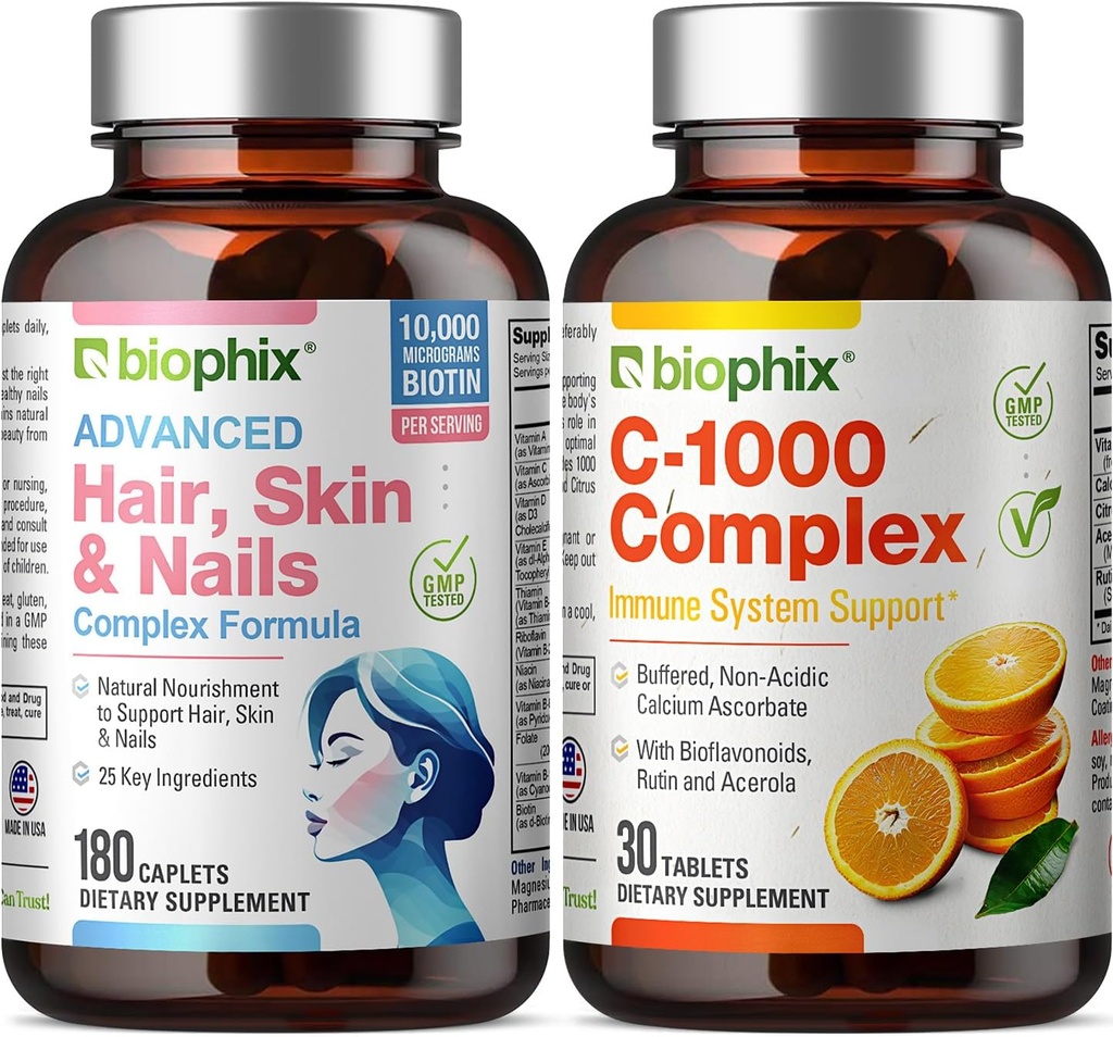 Hair Skin and Nails Complex 180 Caplets with 10000 mcg Biotin - Free Vitamin C-1000 30 Tablets - Multivitamine Ondersteunt Sterke Nagels Mooie Hair Healthy Aging
