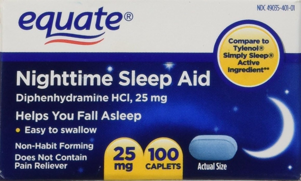Equate Nighttime Slaaphulp 25 mg, 00 Mini-Caplets, 100 Tellen