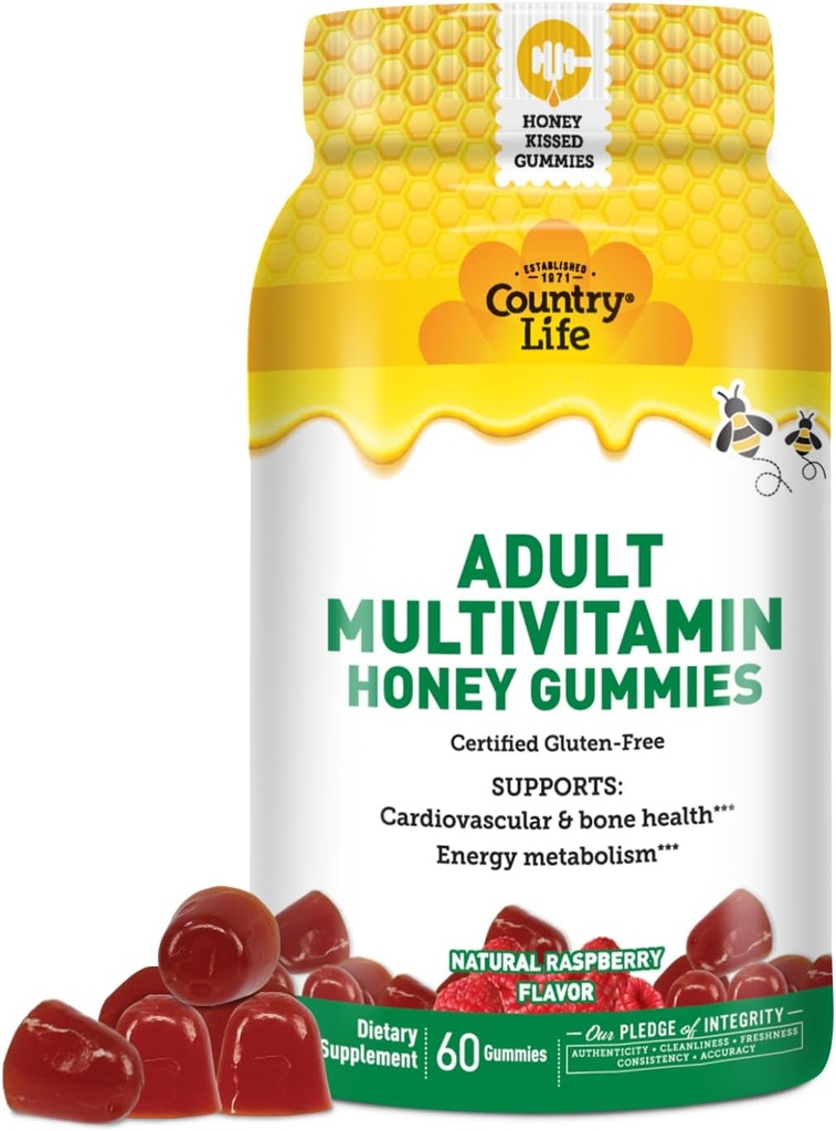 Country Life Adulte Multivitamine Miel Gummies – Bone, Heart & Energy Support – Non-OGM, certifié sans gluten, végétarien – naturellement sucré – 60 Gummies