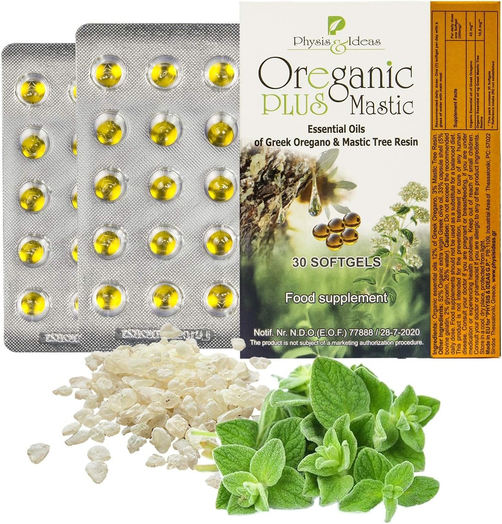 Oreganic Plus Mastic - Oregano Essential Oil Capsules & Chios Mastic Gum Oil - Wild Oregano Oil Capsules Organic - Immune Booster and Intestinal Support - Non-GMO - 30 Tel Blister