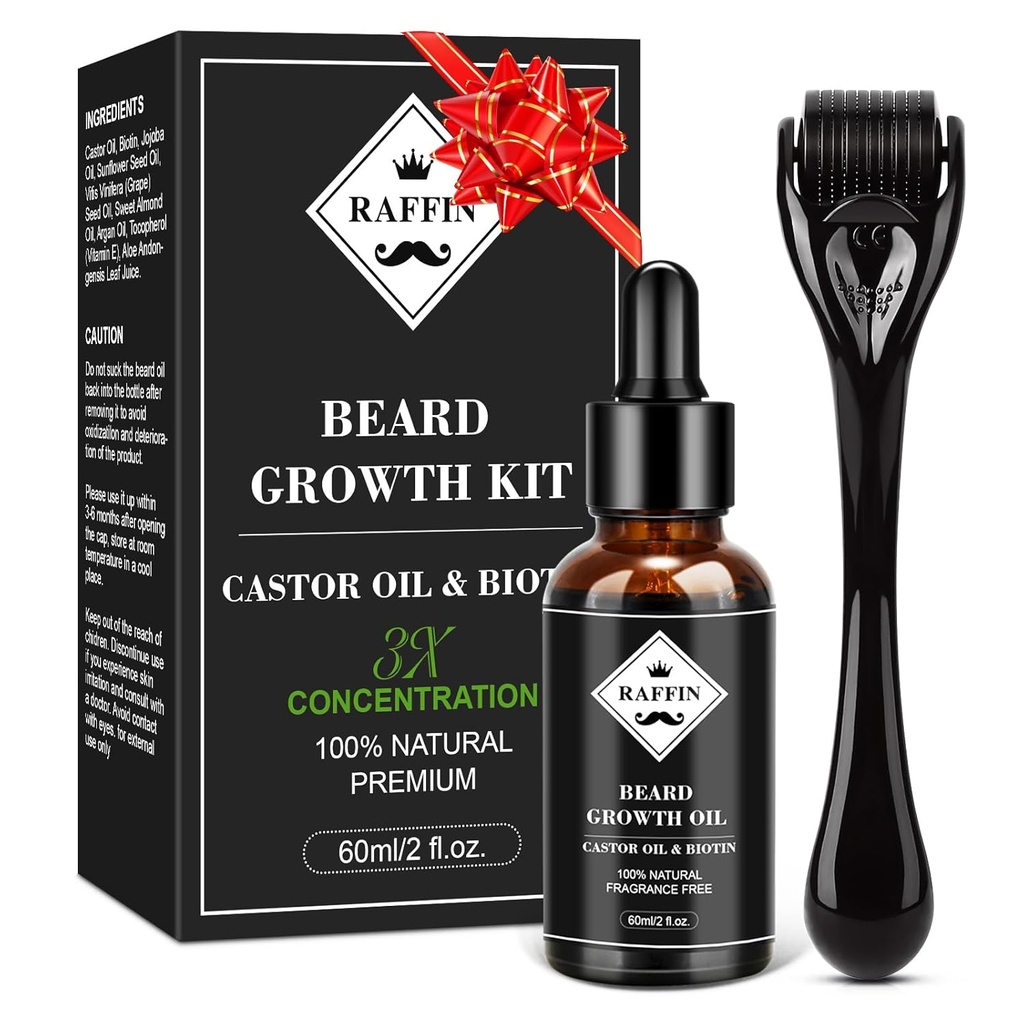 RAFFIN Baardgroeikit, opgewaardeerde baardgroeiolie (2Oz) w/Maximum Thickening Biotin & Castor Oil for Spot/Patchy Baard, Bereik Fuller, Thicker & Healthier Baarden, Cadeaus voor Hem Vriend Man Dad