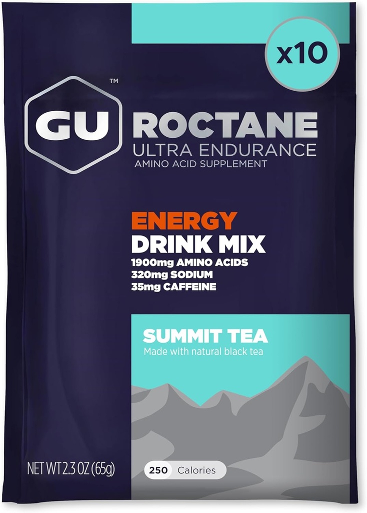 GU Energy Roctane Ultra Endurance Energy Drink Mix, Vegan, Gluten-Free, Kosher, and Dairy-Free n-the-Go Energy for Any Workout, 10 Single-Serving Packets, Summit Tea