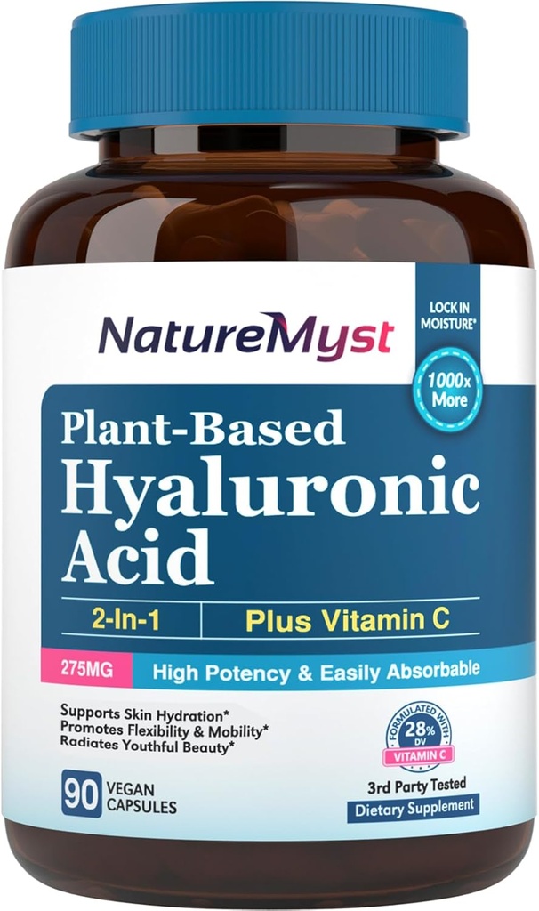 Hyaluronzuursupplement, met vitamine C, 250 mg plantaardige HA, 90 veganistische caps, voor huid en ogen, collageenproductie, gemakkelijk te absorberen