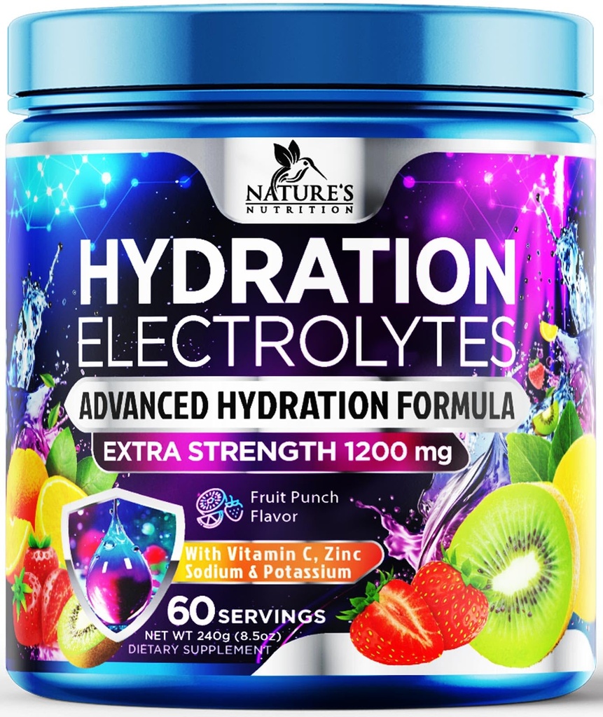 Hydration Electrolyte Powder 1200mg - Daily Liquid Replenisher Drink Mix - Electrolyte Multiplier met Mineralen, Kalium & Real Salt, Keto, Non-GMO - Smakelijke Fruit smaak Elektrolyten - 60 Servers